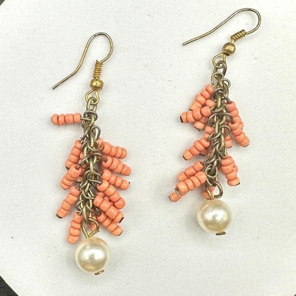 Vintage Handmade Women's Pink Beaded Long Hanging Fashion Dangle Earrings Retro